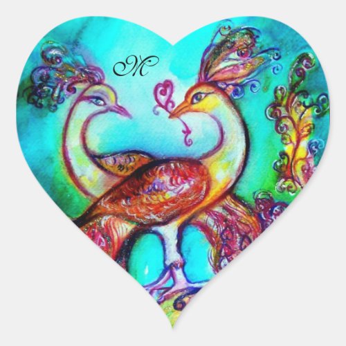 PEACOCKS IN LOVE HEART MONOGRAM Valentines Day Heart Sticker