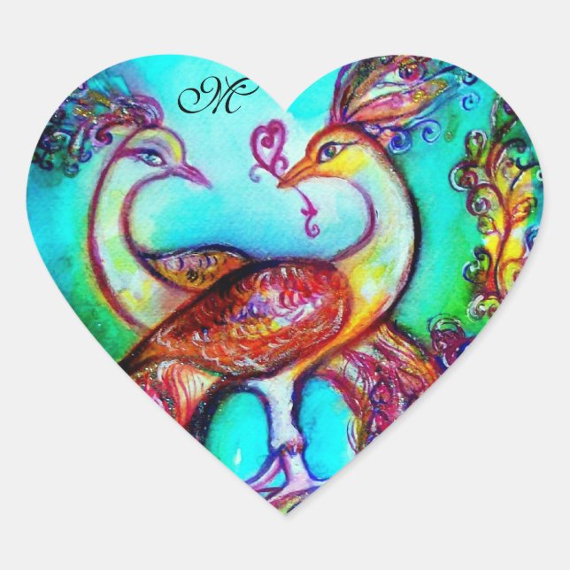 PEACOCKS IN LOVE HEART MONOGRAM Valentine's Day Heart Sticker (Front)