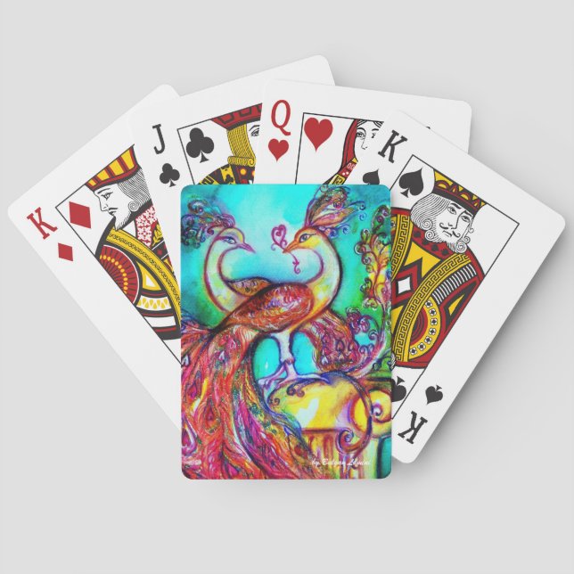 PEACOCKS IN LOVE IN TURQUOISE BLUE POKER CARDS (Back)