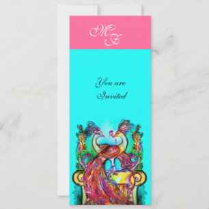 PEACOCKS IN LOVE  MONOGRAM pink teal blue green Invitation
