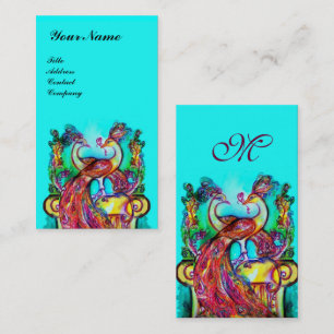 PEACOCKS IN LOVE MONOGRAM,Red Aqua Blue Turquoise Business Card