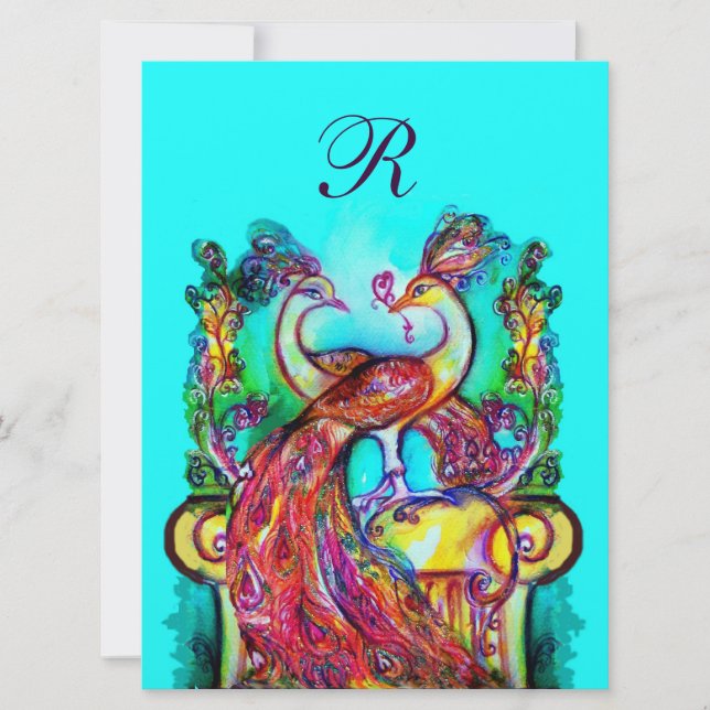 PEACOCKS IN LOVE MONOGRAM red blue green Invitation (Front)