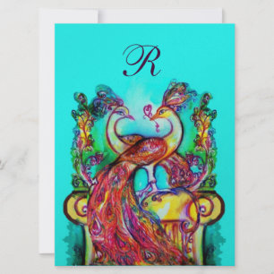 PEACOCKS IN LOVE MONOGRAM red blue green Invitation