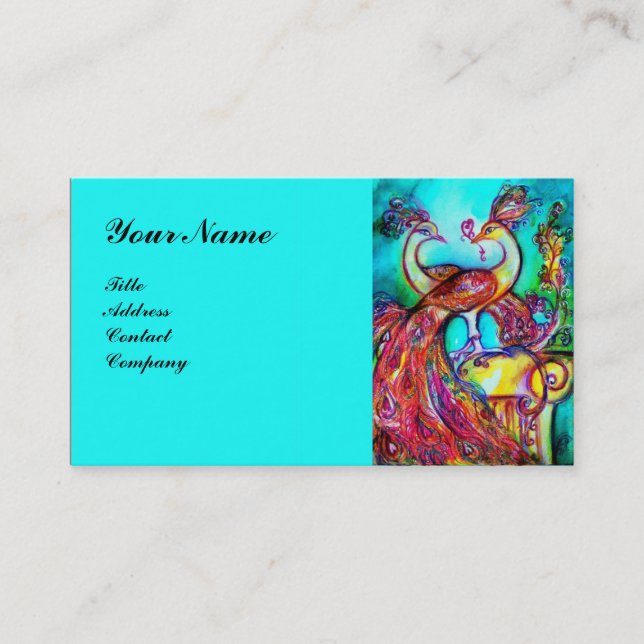 PEACOCKS IN LOVE MONOGRAM,red blue turquase Business Card (Front)