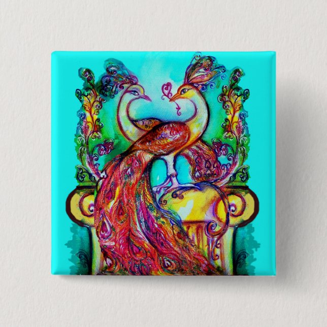 PEACOCKS IN LOVE  MONOGRAM red blue turquase green Button (Front)