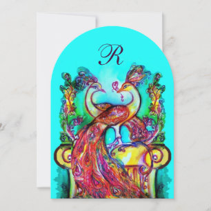 PEACOCKS IN LOVE MONOGRAM red blue turquase green Invitation