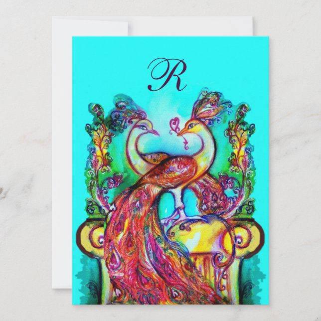 PEACOCKS IN LOVE MONOGRAM red blue turquase green Invitation (Front)