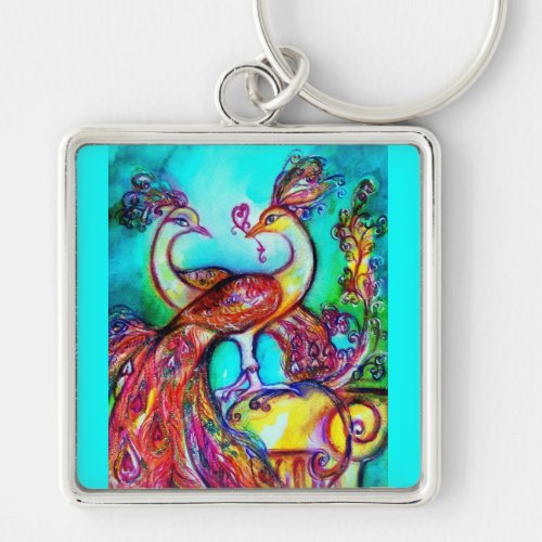 PEACOCKS IN LOVE  MONOGRAM red blue turquase green Keychain