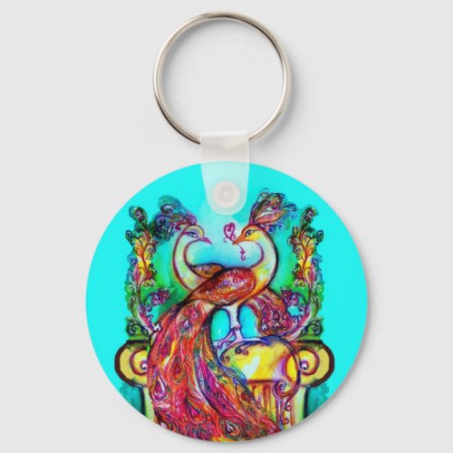 PEACOCKS IN LOVE  MONOGRAM red blue turquase green Keychain