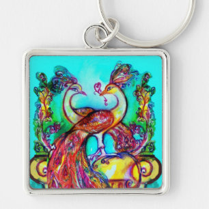 PEACOCKS IN LOVE MONOGRAM red blue turquase green Keychain