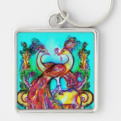 PEACOCKS IN LOVE  MONOGRAM red blue turquase green Keychain