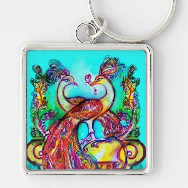 PEACOCKS IN LOVE  MONOGRAM red blue turquase green Keychain (Front)