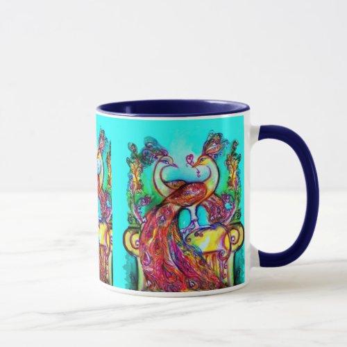 PEACOCKS IN LOVE  MONOGRAM red blue turquase green Mug