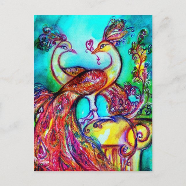 PEACOCKS IN LOVE  MONOGRAM red blue turquase green Postcard (Front)