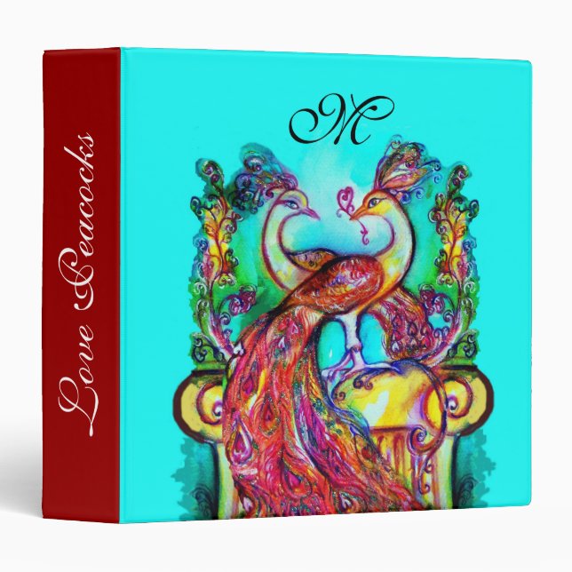 PEACOCKS IN LOVE MONOGRAM,red blue turquase purple 3 Ring Binder (Front/Spine)