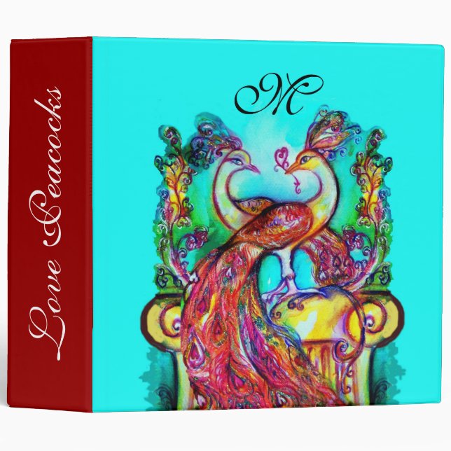 PEACOCKS IN LOVE MONOGRAM,red blue turquase purple Binder (Front/Spine)