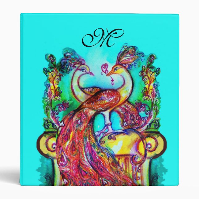 PEACOCKS IN LOVE MONOGRAM,red blue turquase purple Binder (Front)