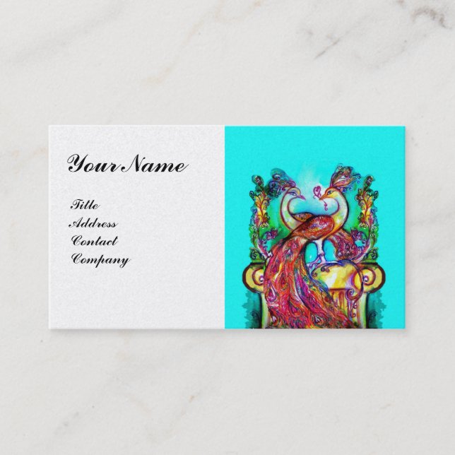 PEACOCKS IN LOVE MONOGRAM Red Blue White Wedding Business Card (Front)