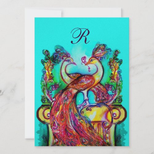 PEACOCKS IN LOVE MONOGRAM red teal blue green gold Invitation