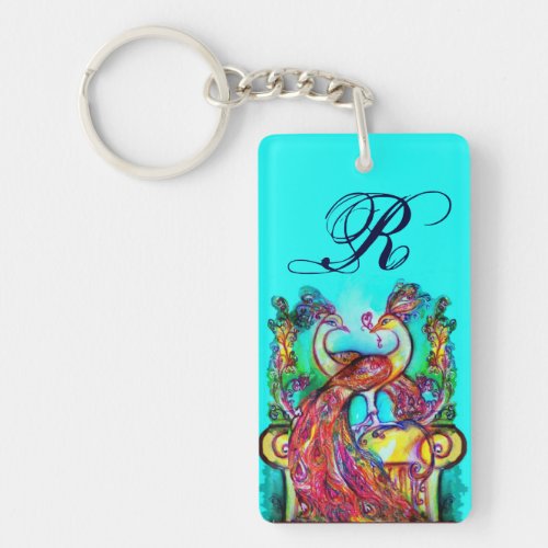 PEACOCKS IN LOVE MONOGRAM red teal blue green Keychain