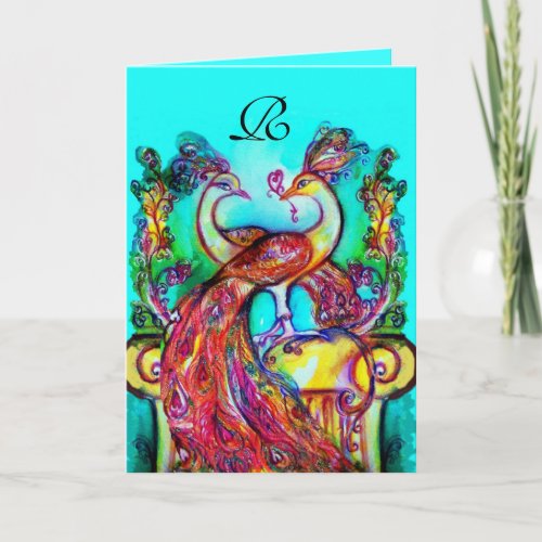 PEACOCKS IN LOVE MONOGRAM Valentines Day Holiday Card