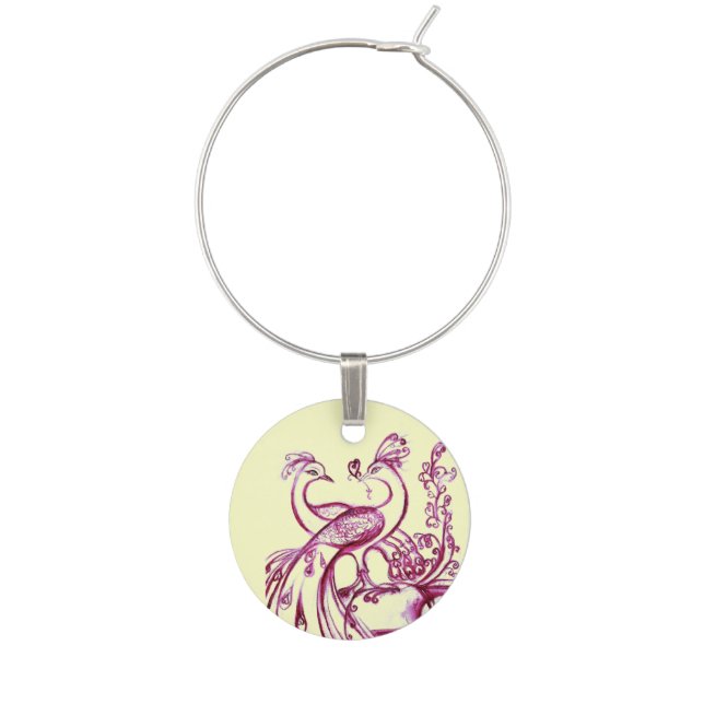 PEACOCKS IN LOVE Pink Purple Cream Wedding Party Wine Charm (Front)