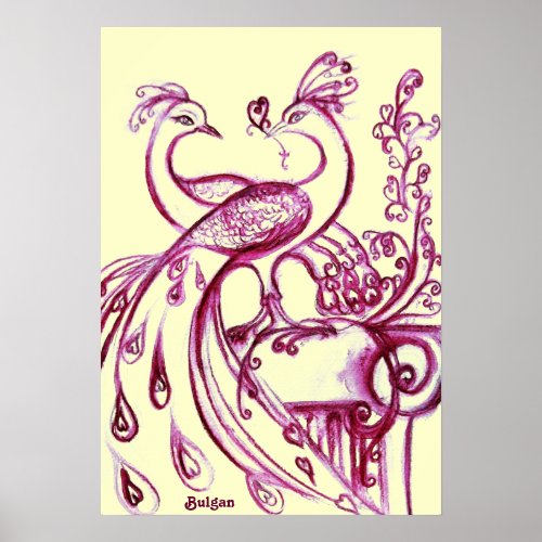 PEACOCKS IN LOVE Red and Cream Poster