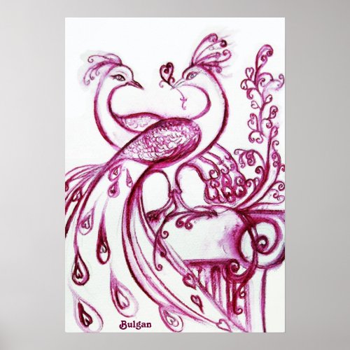 PEACOCKS IN LOVE Red and White Poster