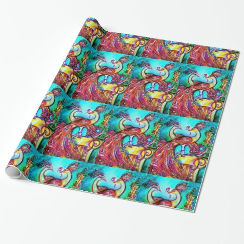 PEACOCKS IN LOVE red aqua blue green Wrapping Paper