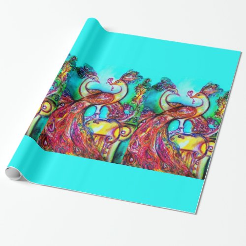 PEACOCKS IN LOVE red aqua blue green Wrapping Paper
