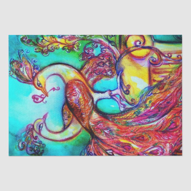 PEACOCKS IN LOVE,RED AQUA BLUE TURQUOISE Valentine Tissue Paper (Front)