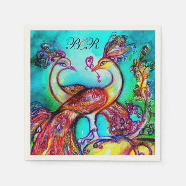 PEACOCKS IN LOVE Red Aqua Blue Wedding Monogram Napkins (Front)