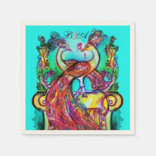 PEACOCKS IN LOVE Red Aqua Blue Wedding Monogram Paper Napkins