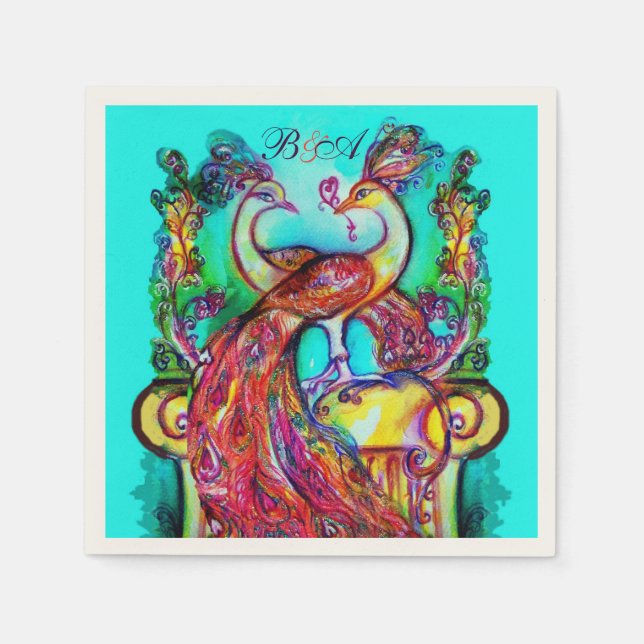 PEACOCKS IN LOVE Red Aqua Blue Wedding Monogram Paper Napkins (Front)