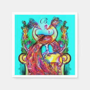 PEACOCKS IN LOVE Red Aqua Blue Wedding Monogram Paper Napkins