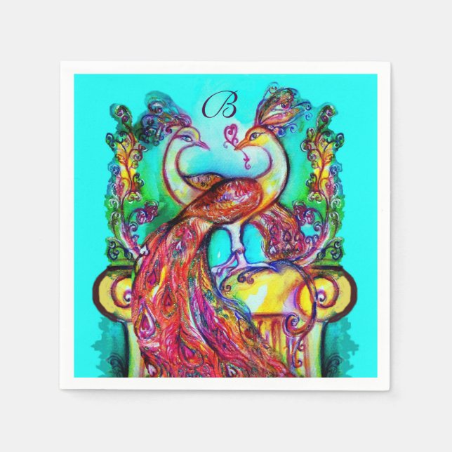 PEACOCKS IN LOVE Red Aqua Blue Wedding Monogram Paper Napkins (Front)