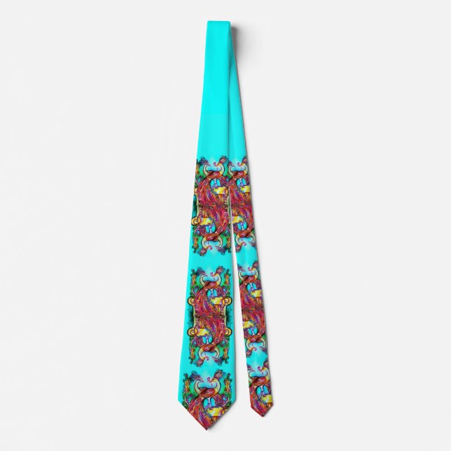PEACOCKS IN LOVE Red Blue Teal Green Floral Neck Tie (Front)