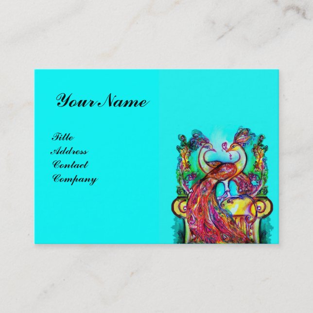 PEACOCKS IN LOVE,red blue turquase Business Card (Front)