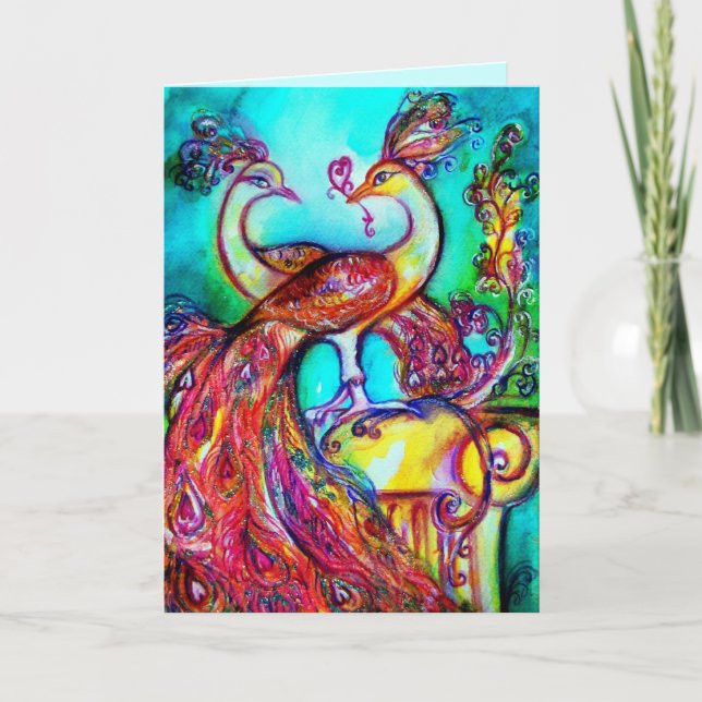 PEACOCKS IN LOVE  red blue turquase green Card (Front)