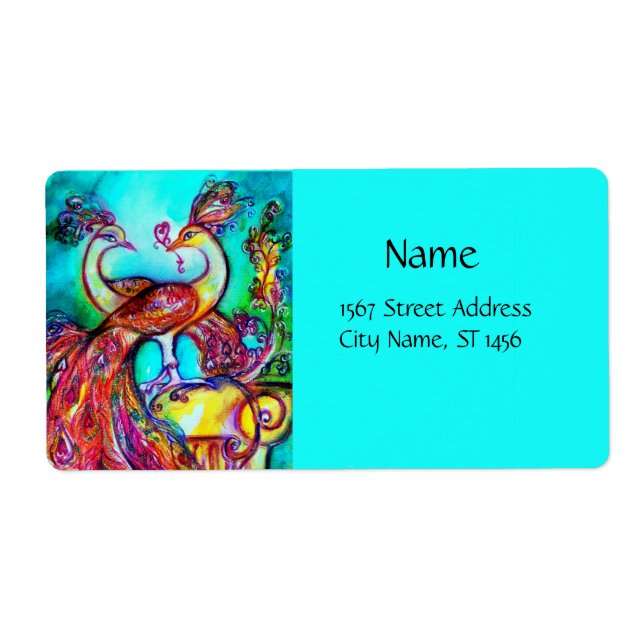 PEACOCKS IN LOVE ,red blue turquase green Label (Front)