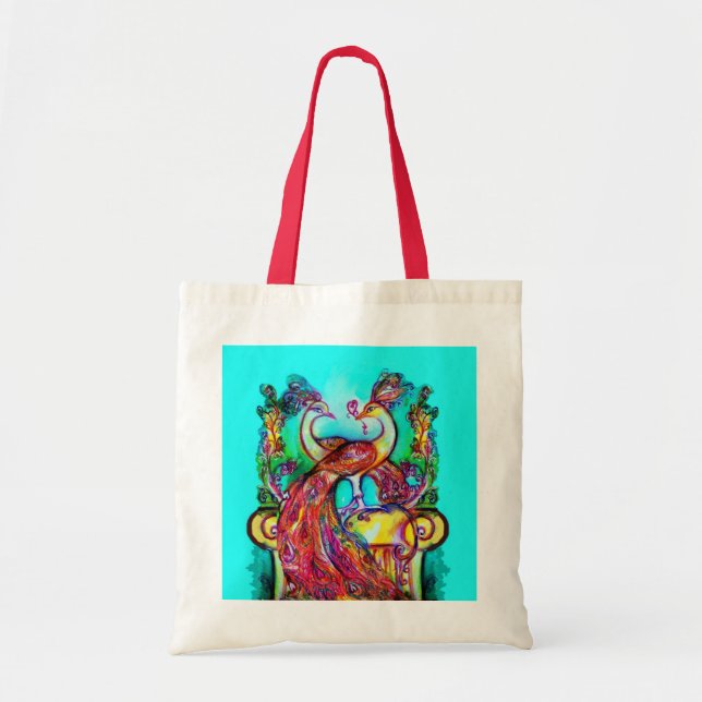 PEACOCKS IN LOVE  red blue turquase green Tote Bag (Front)