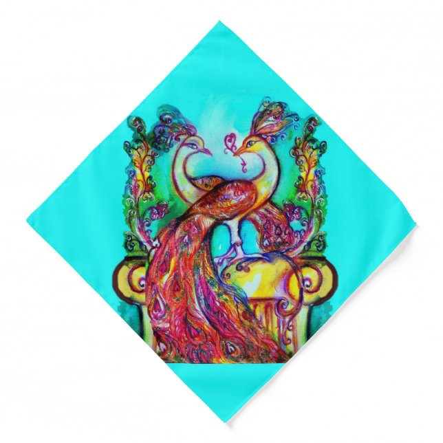 PEACOCKS IN LOVE Red Blue Turquoise Green Bandana (Front)