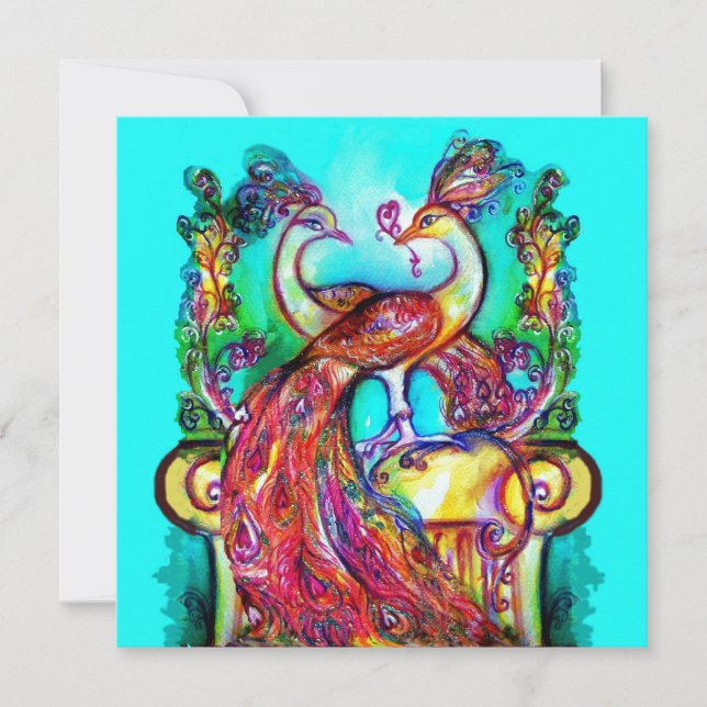 PEACOCKS IN LOVE Red Blue Turquoise Green Pearl Announcement (Front)
