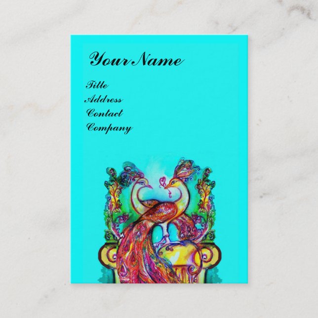 PEACOCKS IN LOVE Red Blue Turquoise Wedding Business Card (Front)