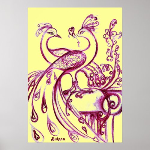 PEACOCKS IN LOVE Red Purple and Yellow Poster