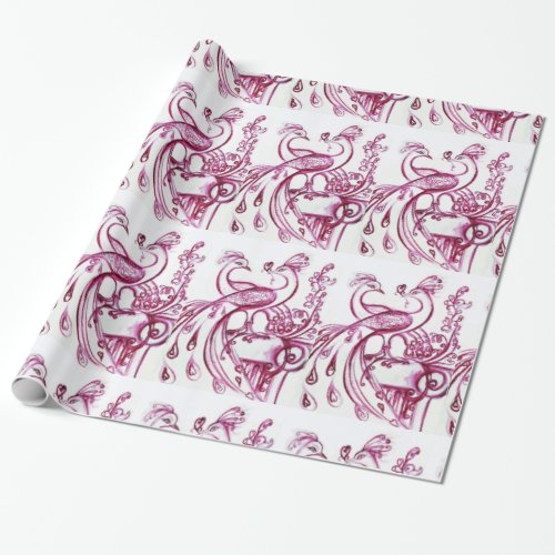 PEACOCKS IN LOVE Red Purple White Wrapping Paper