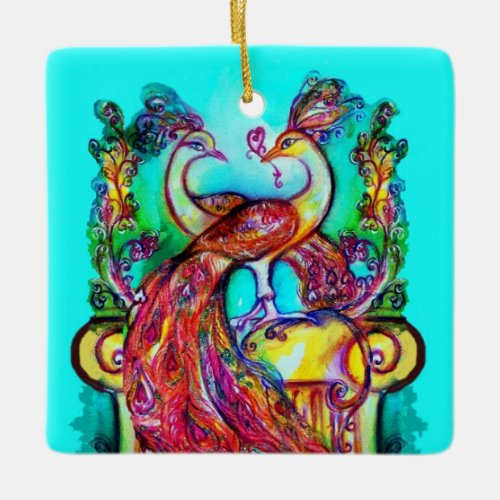 PEACOCKS IN LOVE RED RUBY GEMSTONEBlue turquoise Ceramic Ornament