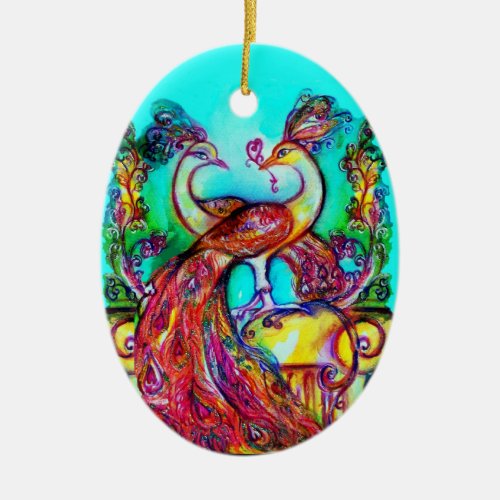 PEACOCKS IN LOVE RED RUBY GEMSTONEBlue turquoise Ceramic Ornament