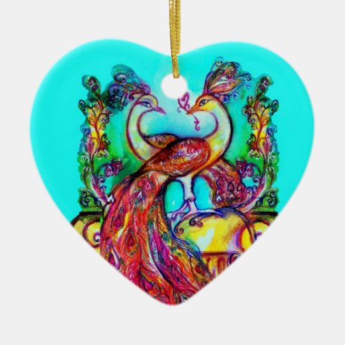 PEACOCKS IN LOVE RED RUBY GEMSTONEBlue turquoise Ceramic Ornament