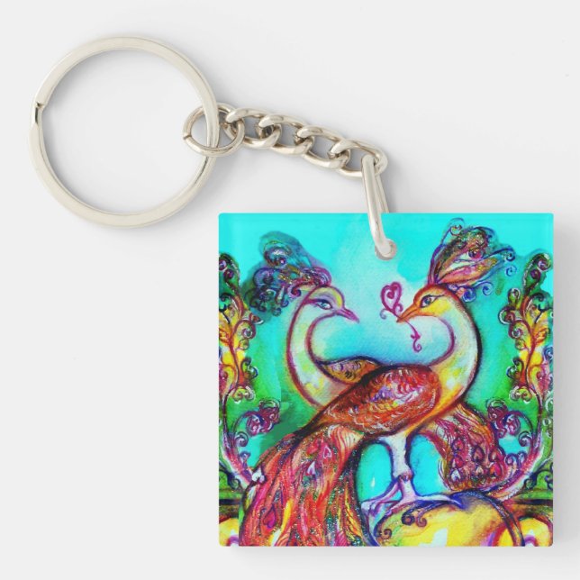 PEACOCKS IN LOVE  red teal blue green Keychain (Front)